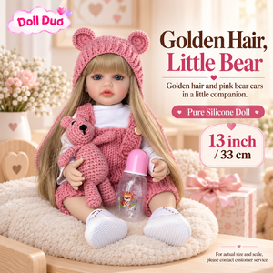 Muñeca Duo Personalizada de Silicona de 13 Pulgadas, Cuerpo Completo, Cabello Rubio, Gorro de Oso Rosa, Regalo de Navidad Personalizado para Niños - Product Image 1