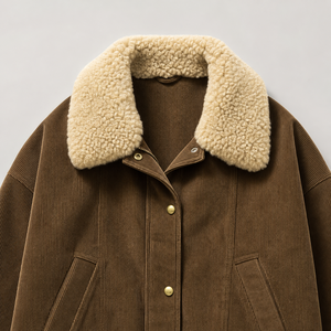 Women's Unisex Button Up Bomber Coat <b>Brown</b> <b>Corduroy</b> Sherpa Lined <b>Jacket</b> with Pocket for Casual Outdoor Wear - Product Image 4