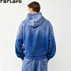 Cut And Sew Oversized Boxy <b>Hoodie</b> Men Blue Washed Contrast <b>Stitch</b> Border Wholesale - Product Image 4