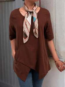 Plus Size nuove camicette tascabili Vintage da <span class=keywords><strong>donna</strong></span> <span class=keywords><strong>T</strong></span> -<span class=keywords><strong>shirt</strong></span> a maniche medie <span class=keywords><strong>in</strong></span> cotone e <span class=keywords><strong>lino</strong></span> con scollo a o irregolare - Product Image 3