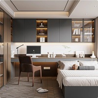 Système de dressing moderne sur mesure pour chambre à coucher avec bureau flottant intégré, éclairage LED d'ambiance et étagères de rangement ouvertes – Fabrication usine