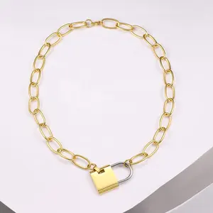 Big Lock Link Chain Choker Vòng Cổ Phụ Nữ Vàng Màu Thép Không Gỉ Pendant Necklaces P193040