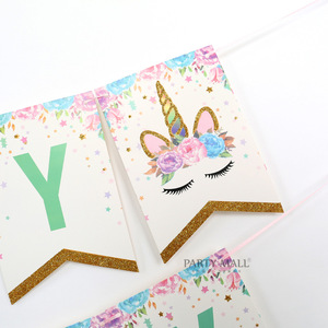 Cartoon <strong>Unicorn</strong> Paper Flag New Happy Birthday Banner Kids Birthday Decoration <strong>Party</strong> <strong>Supplies</strong>-100pcs Minimum Order - Product Image 3