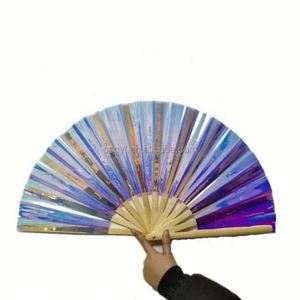 Abanico Plegable Holográfico de PVC Iridiscente Grande, Abanico de Mano de Bambú Pintado para Decoración de Fiestas de Baile, Regalo Promocional 2024, Disponible en Stock - Product Image 4