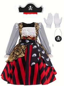 Conjunto <span class=keywords><strong>de</strong></span> Disfraz <span class=keywords><strong>de</strong></span> 5 Piezas <span class=keywords><strong>para</strong></span> Niñas, Estilo Corte Noble, Tema Pirata (Antifaz, Sombrero, Vestido, Guantes Blancos, Cinturón) - Product Image 2
