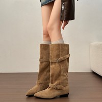 Bottes mi-mollet pour femmes, bottes souples à boucle et à bout pointu, à talons bas, pour un usage quotidien