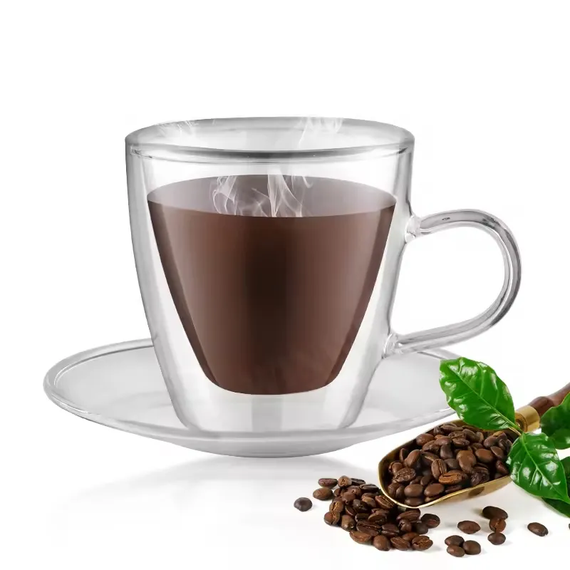 ชุดถ้วยชากาแฟและชาแก้ว Borosilicate ผนังคู่คุณภาพสูง OEM ดีไซน์คลาสสิกพร้อมจานรอง
