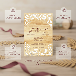 Tarjeta de boda rústica Tarjeta de invitación de boda de madera Bohemia Diseño de hoja cortada con láser Tarjeta de aniversario de fiesta de compromiso - Product Image 3