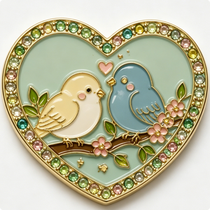 Heart-Shaped Gold-Plated Metal Enamel <b>Pin</b> With Love Birds And Flowers For Valentine'S Day - Product Image 4