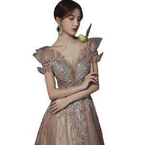 Off-Shoulder Ball Gown Evening Dress Khaki Light Purple Chiffon Empire Waistline Slim Fit Formal Party Wear - Product Image 5