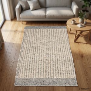 Tapis rectangulaire moderne scandinave en laine et coton tissé à la main, rayé, beige et gris, pour salon, antidérapant, à poils moyens - Product Image 6