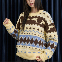 Pull-over ras du cou jacquard Fair Isle pour femme, style rétro, ample, à manches longues, tricoté, pour l'automne, usage quotidien, commandes personnalisées acceptées