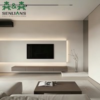 Console multimédia murale, finition gris grain de bois, tiroirs larges sans poignées avec panneau TV encastré et rétroéclairage LED