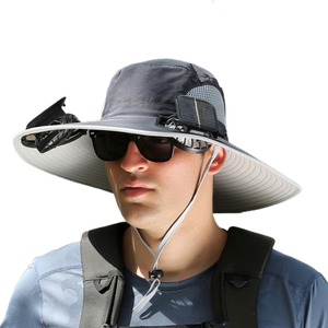 Chapeau de soleil d'été pour hommes à large bord Chapeau de pêche en forme de seau Chargeur USB Ventilateur à énergie solaire Chapeau refroidisseur - Product Image 1