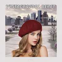 Béret d'hiver pour femme adulte, de haute qualité, vintage, décontracté, en mélange de cachemire, broderie à la main, couleur unie rouge vin, respirant, 56-58 cm