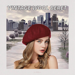 Boina de Lana Vintage de Alta Calidad, Bordada a Mano, Color Rojo Vino, para Mujer, Uso Diario en Invierno y Playa - Product Image 2