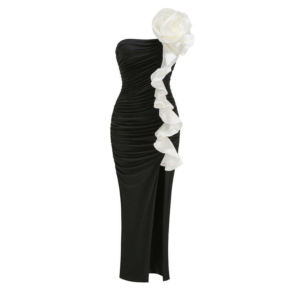 black dress top Rihoas Chiffon Off Shoulder Maxi Dress High Slit Ruffle for Cocktail, Evening, Party, Wedding Guest, Black / US|8