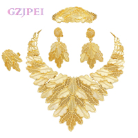 Nouvel ensemble de bijoux Dubai Nigeria pour femmes, design en forme de feuille, collier, boucles d'oreilles, bague, bracelet, ensemble de quatre pièces, plaqué or 18 carats