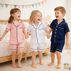 <span class=keywords><strong>Pigiami</strong></span> Estivi Personalizzati in Cotone e Lino per Bambini, Unisex, Tinta Unita, Manica Corta, Set Pigiama per Ragazzi e Ragazze, Vendita all'Ingrosso - Product Image 1