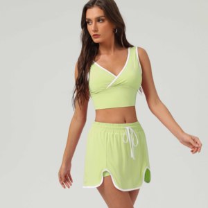 Neues Design Golf Tennis Frauen Aktiver Anzug Kontrast farbe Kreuz V-Ausschnitt Rücken loses Oberteil Kordel zug <span class=keywords><strong>2</strong></span> in 1 Rock Set Padel Badminton - Product Image 4