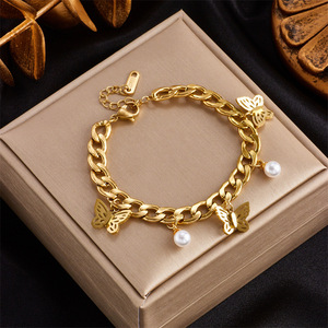 Fashion Charm Bracelet Gold Zinc Alloy Butterfly Pearl Pendant Women's Jewelry Gift Irregular Chain Design - Product Image 1