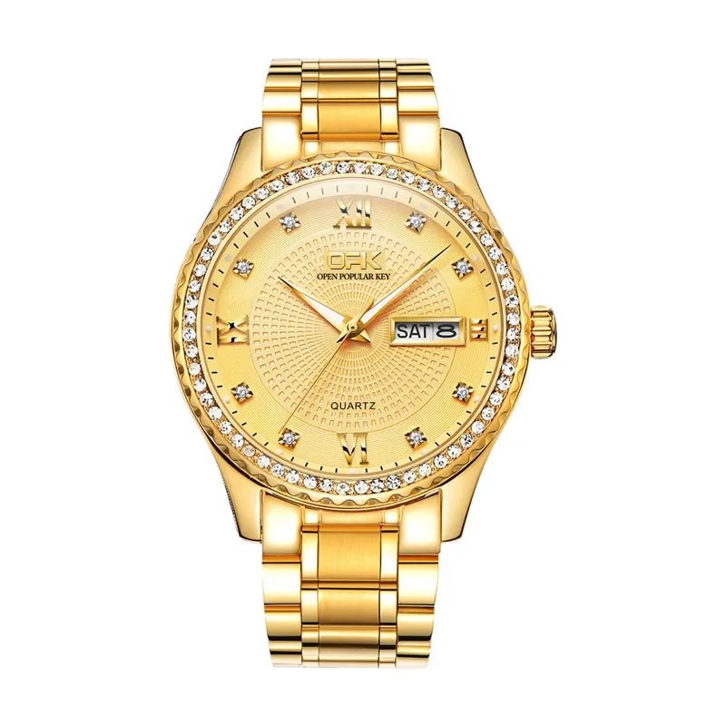 Jam tangan berlian untuk pria, arloji mewah baja tahan karat emas Quartz berlian
