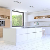 Meuble de cuisine en mélamine blanche sur mesure avec panier coulissant, petite table de cuisine complète, comptoir en résine stratifiée, accessoire de robinetterie