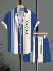 Ensemble 2 pièces d'été pour <span class=keywords><strong>homme</strong></span>, haut de gamme, imprimé 3D, à rayures, respirant, chemise à manches courtes et short, <span class=keywords><strong>tenue</strong></span> de plage - Product Image 3