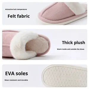 Erkek Kadın Kışlık Ev Baotou Tüylü Keçe Yuvarlak Kafa Düz Renk Terlik Baba Tarzı Yaşlılar İçin Sıcak Kaymaz PVC Dış Taban - Product Image 4