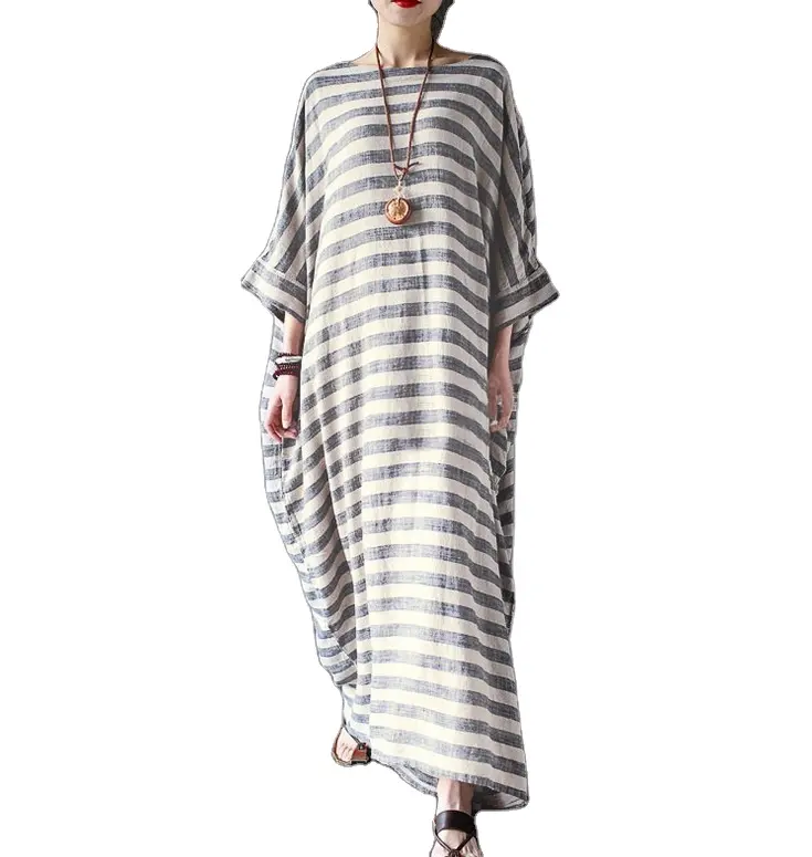 थोक महिलाओं के रेट्रो पहना-बाहर कपास लिनन धारीदार गाउन ढीला oversized पोशाक