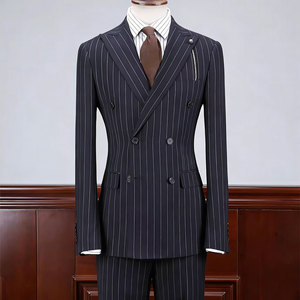 Costumes et Blazers sur Mesure pour Hommes, Rayures Bleues Marine, Vêtements Formels d'Affaires, Fournisseur Direct d'Usine, Service OEM - Product Image 1