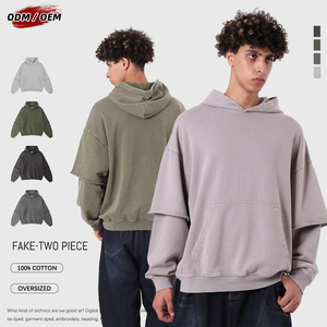 Sudadera con capucha de algodón pesado de 430 g/m² para hombre, estilo vintage, con estampado digital 3D, efecto de dos piezas y bajo sin rematar - Product Image 1