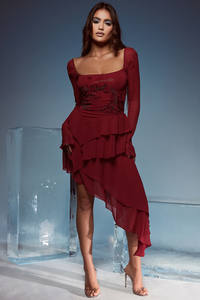 2024 Long Sleeve Lady Elegant Corset High Slit Chiffon Gown Mini Prom Rhinestone Ruby Crystallised <strong>Hanky</strong> <strong>Hem</strong> Evening <strong>Dress</strong> Women - Product Image 5