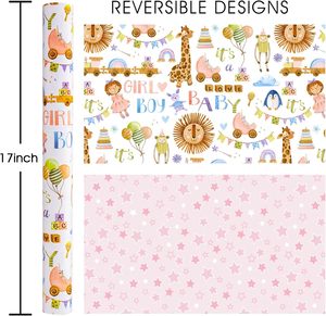 Neutral baby shower Gift wrapping <b>paper</b> Colorful cartoon giraffe and baby <b>pattern</b> Double sided printing Customizable - Product Image 2