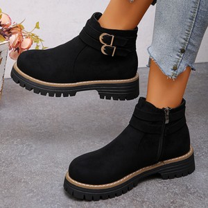 Bottines en daim pour femmes, nouvelles bottines à semelle épaisse, bout rond, grande taille, avec boucle de ceinture, en stock - Product Image 2