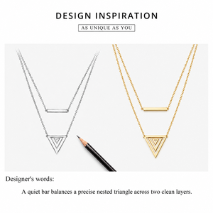 Collier double couche en or, acier inoxydable plaqué or 14 carats sous vide, pendentif barre triangulaire, chaîne - Product Image 4