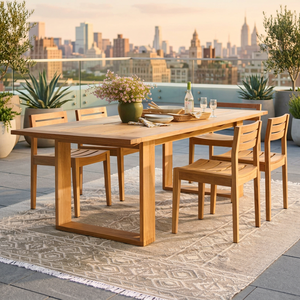Ensemble de salle à manger d'extérieur en teck massif de qualité supérieure, table rectangulaire de patio avec 6 chaises à lattes - Product Image 3