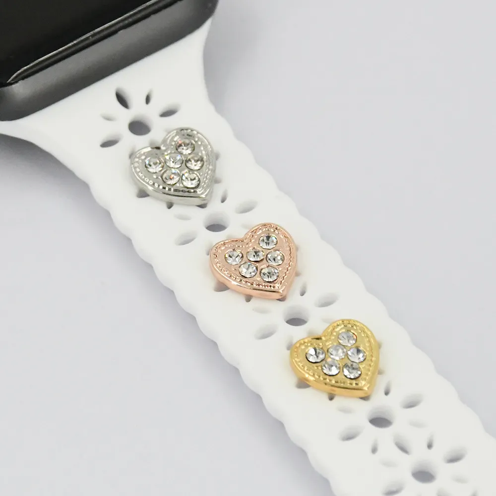 Baroque Art Style Heart Jewels Silicone Watch Strap Ornament, Decorative Studs Watch Parts for Apple Watch Band