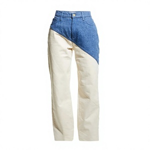 Pantalon moto asymétrique taille haute en jean et cuir patchwork, coupe skinny, fermeture éclair, longueur intégrale pour femme - Product Image 1