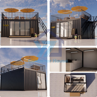 Conteneur maritime pop-up de 20 pieds à deux étages avec terrasse, escalier et clôture, idéal pour café, salon de coiffure ou autres commerces en centre commercial