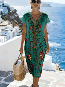 Vestido de punto floral verde esmeralda para mujer, vestido midi de verano con cuello en V y manga corta, malla pointelle, 100% poliéster, estampado, ropa de resort - Product Image 1