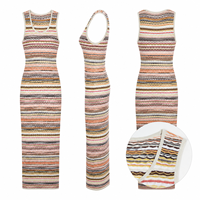 Robe longue maxi en tricot rayé multicolore pour femme, col rond, sans manches, coupe ajustée, OEM ODM