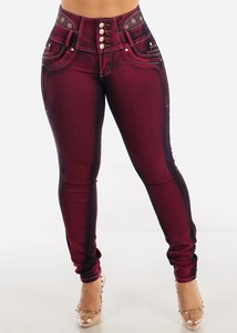 Jeans Skinny da <span class=keywords><strong>Donna</strong></span> 2026 con Strass in Vita, Sfumatura <span class=keywords><strong>Bordeaux</strong></span>, Quattro Bottoni, Vita Alta, Elasticizzati, in Denim Colorato - Product Image 2