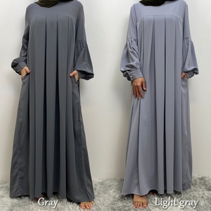 6683 #   Robe décontractée et élégante en tissu Nida confortable pour l'été, couleur unie, manches plissées boutonnées, avec poches latérales et fermeture éclair au dos - Product Image 5