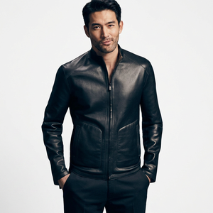 Veste en cuir véritable pour homme, style moto, col montant, fermeture éclair, coupe ajustée, longueur normale, style automne, couleur unie - Product Image 1