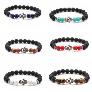 Natural Gemstone Hamsa Hand Beaded Stretch Bracelet Eye 8mm <strong>Lava</strong> <strong>Stone</strong> Protection Beads Yoga Chakra Healing Jewelry