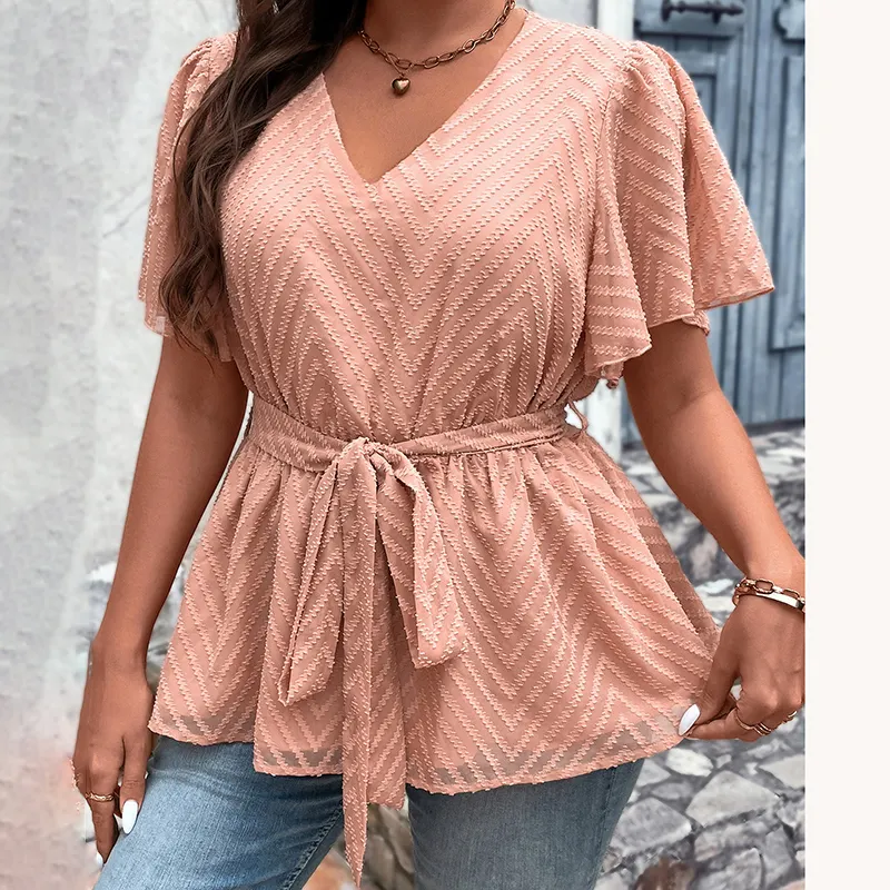 Benutzer definierte Damen Top Damen, Hemden Lose Rüschen Saum Kurzarm Casual Peplum Plus Size Bluse/