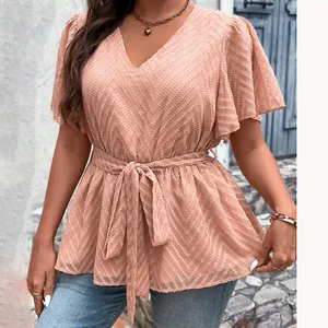 Tùy Chỉnh Womens Top Womens, Áo Sơ Mi Lỏng Ruffle HEM Ngắn Tay Áo Giản Dị Peplum Cộng Với Kích Thước Áo/