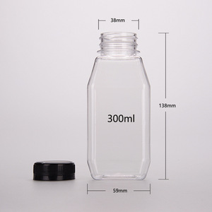 Botella de Plástico PET Cuadrada Transparente de 300 ml con Tapa de Rosca para Jugos Prensados en Frío, Leche, Té y Bebidas - Product Image 1