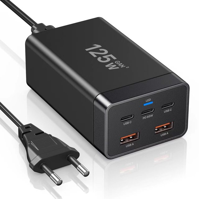 125W USB C Wall Charger with 65W 5 Ports Gan Charger Desktop Adapter Power Strip for Laptop Mobile Phone PD Function